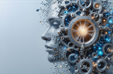 Poster - Metallic face with gears and lights represents artificial intelligence and futuristic technology. Conceptual image of AI brain.