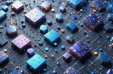 Poster - abstract digital landscape of blue and purple cubes and spheres arranged on a grid with glowing line