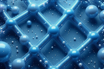 Poster - abstract blue interconnected spheres and lines form a grid-like structure against a dark backdrop wi