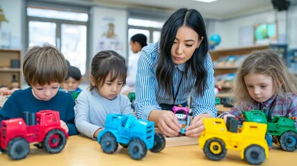Poster - young woman teaches children about mechanics using toy cars generative ai