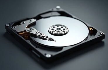 Aufkleber - Macro view of hard disk drive head resting on a platter. Computer hardware tech storage data information. Digital storage device. Detailed close-up of tech component.