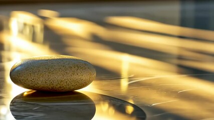 Poster - Golden light dances around a smooth pebble resting on a sunlit surface in a tranquil indoor setting Generative AI