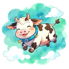 Wall Mural - joyful flying cow in a watercolor dreamland