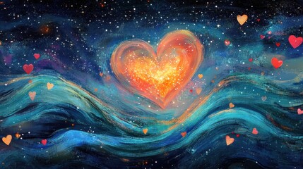 Wall Mural - A vibrant cosmic heart, surrounded by love, floats amidst swirling nebulae.