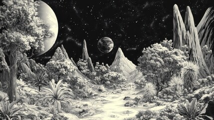 Wall Mural - A grayscale alien landscape bathed in starlight.