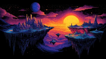 Wall Mural - A vibrant, pixelated depiction of floating islands and a futuristic city in a surreal space landscape.