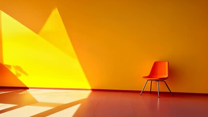 Poster - Bright orange chair stands alone in a radiant yellow room casting soft shadows during the afternoon light Generative AI