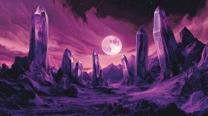 Wall Mural - A mystical landscape of towering purple crystals under a full moon.