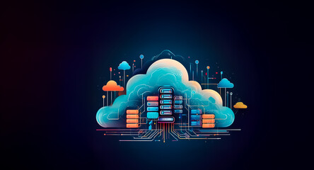 Poster - here's the description and keywords: a stylized depiction of cloud computing, showcasing data server