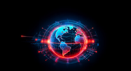 Poster - a glowing globe surrounded by a red and blue digital interface, set against a dark background. this 