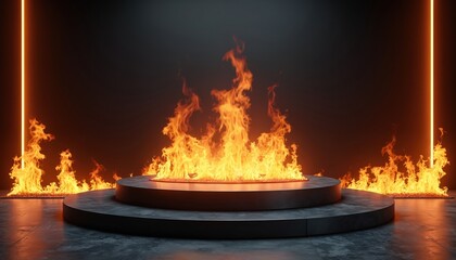 Aufkleber - Round podium with flames, black background. Dais for product placement, presentation, advertisement. Fiery heat inferno element, balefire campfire, night scene. Orange yellow warm light.