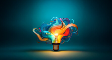 Aufkleber - a luminous light bulb bursts with colorful tendrils on a dark teal background, signifying innovation
