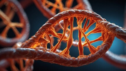 Poster - a close-up of a DNA molecule, its double helix structure is visible. The molecule is rendered in an orange and blue color scheme, adding a sense of depth and intrigue.