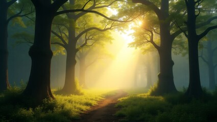 Poster - sunlight streams through the trees in a mystical forest, casting a warm golden glow on the path ahead