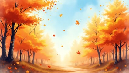 Aufkleber - Autumn scenery featuring orange trees in the forest with falling leaves. A beautiful day in the autumn season