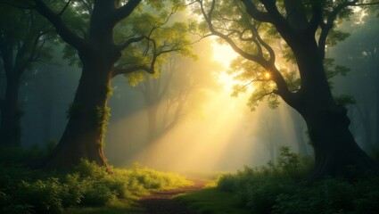 Poster - sunbeams breaking through the dense canopy of a forest, illuminating a path. The scene is serene and magical, filled with a sense of mystery and wonder