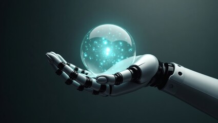 Poster - robotic hand holding a glowing orb with a heart shape inside. The orb emits light and particles.
