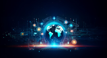 Poster - depicting a futuristic digital realm, this image showcases a glowing earth, encircled by interconnec
