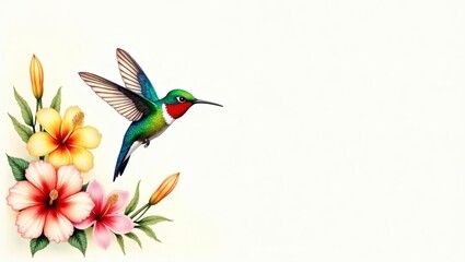 Poster - A hummingbird hovers gracefully near vibrant flowers, creating a captivating scene of nature's beauty