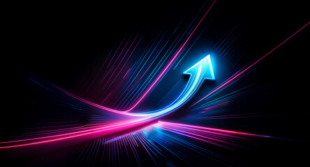 Aufkleber - a vibrant, glowing arrow, in hues of blue and pink, indicates growth and upward movement on a black 
