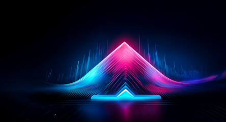 Poster - here's the description and keywords: a vibrant, neon-lit, abstract pyramid shape glows against a dar