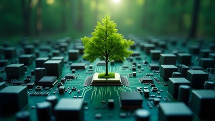 Poster - Green tree growing on a microchip circuit board.  Concept of green technology, sustainable development and eco-friendly innovation.