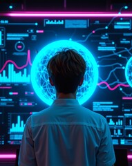 Poster - a person standing in front of futuristic digital interface