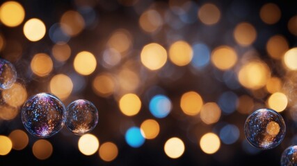 Poster - glowing bubbles floating in a dark space with blurred lights in the background. The bubbles reflect the surrounding lights, creating a magical atmosphere.
