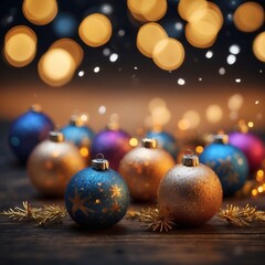Poster - Christmas ornaments on wooden surface with bokeh lights
