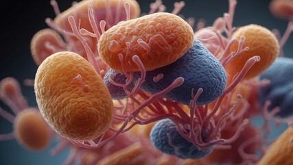 Aufkleber - microscopic view of colorful cells.  The cells are oval-shaped and connected by thin, branching structures.