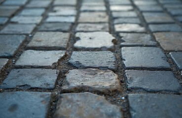 Leinwandbilder - Close-up texture old rough pavement squares. Black dirty stones, square blocks pattern, weathered, damaged. Urban outdoor scene, sidewalk, street, floor, construction material.