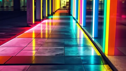 Poster - Explore vibrant reflections in a dazzling urban corridor illuminated by colorful neon lights at night, creating an enchanting atmosphere Generative AI