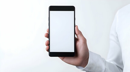 Person Holding Smartphone With Blank White Screen Against White Background
