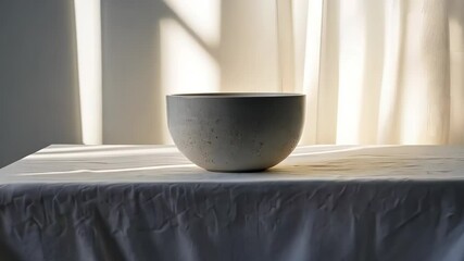 Poster - Natural light embraces a simple ceramic bowl on a soft white tablecloth in a serene interior space Generative AI