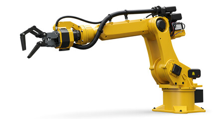 Poster - Yellow Robotic Arm Precision Technology Machine Isolated on White Background