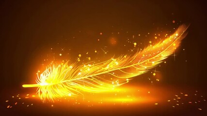 Poster - ethereal golden feather glows with sparkling particles against radiant background, creating magical 