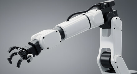 Poster - Robotic Arm in White and Black Displayed Against a Gradient Gray Background Representing Advanced Automation Technology