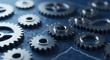 Poster - Mechanical Gears on a Blue Background Demonstrating Precision and Engineering in Metallic Chrome