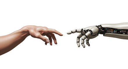 Poster - Human Hand Reaching Out to a Robot Arm Symbolizing Artificial Intelligence on White Background