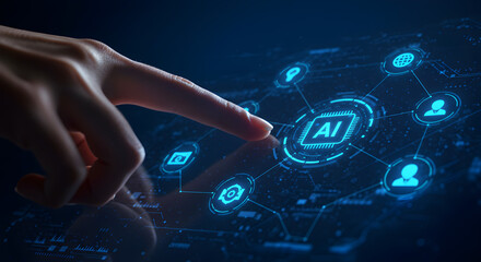 Poster - Human Finger Touching Holographic Artificial Intelligence Technology with Blue Light on Dark Background