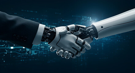 Poster - Human and Robot Hands Shaking in Agreement Representing Artificial Intelligence Technology Collaboration on a Blue Digital Background