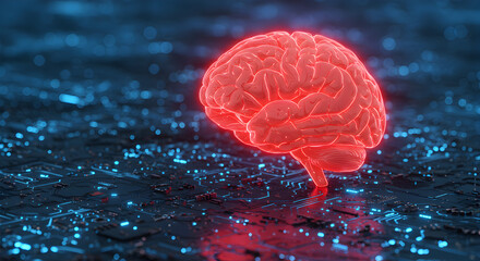 Poster - Glowing Red Brain on Blue Digital Circuit Board Background Represents Artificial Intelligence and Technological Innovation