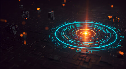 Poster - Digital Futuristic Technology Background with Glowing Blue and Orange Circular Patterns and Intricate Circuit Details