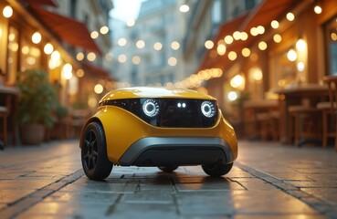 Poster - Autonomous tech delivery robot navigates city street. Futuristic vehicle showcases innovation smart logistics. Package shipment using electric automobile. Urban transport future.