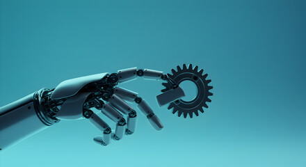 Poster - Close Up Of Robotic Hand Holding Metal Gear on Blue Background Depicting Artificial Intelligence