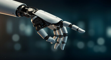 Poster - Close Up of a White Robotic Arm and Hand with Intricate Details and Gears on a Blurry Dark Bokeh Background