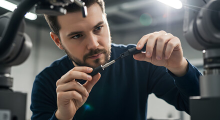 Poster - Caucasian Man Repairing Robotic Arm with Screwdriver in Bright Industrial Setting