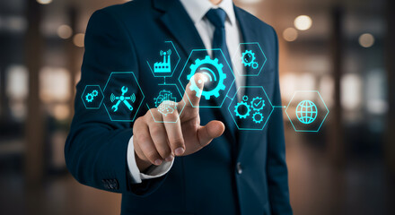 Poster - Businessman Touching Digital Interface with Blue Technology Icons in Modern Office Environment Wearing Dark Blue Suit