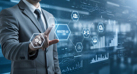 Poster - Businessman Interacting with Blue Digital Touchscreen Displaying Data Visualization in Modern Office Setting