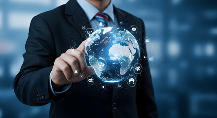 Poster - Businessman in Suit Touching Global Digital Network Globe with Futuristic Blue Background
